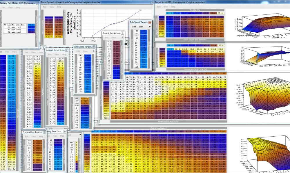 Écrans du logiciel de reprogrammation : cartographies 3D de pression de turbo, tables de richesse et courbes d'allumage